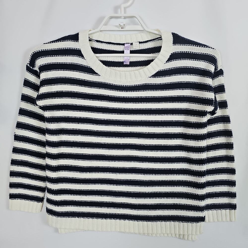 Alya Women's Blue & Cream Stripe Crew Neck Long Sleeve Pullover Sweater Size S